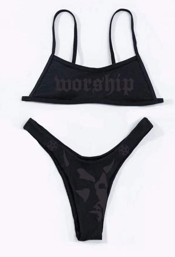 Devil Reign Gothic Black Worship Print Sling Top High Cut Thong Bikini Set
