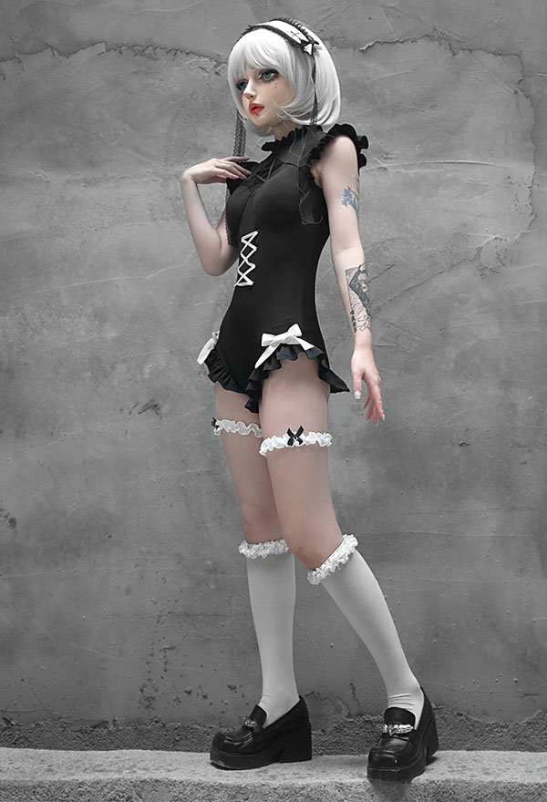 Never Over Gothic Black Hollow Pentagram Neck Bow Knot Ruffled One-Piece Swimsuit