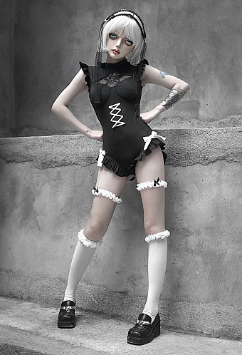 Never Over Gothic Black Hollow Pentagram Neck Bow Knot Ruffled One-Piece Swimsuit