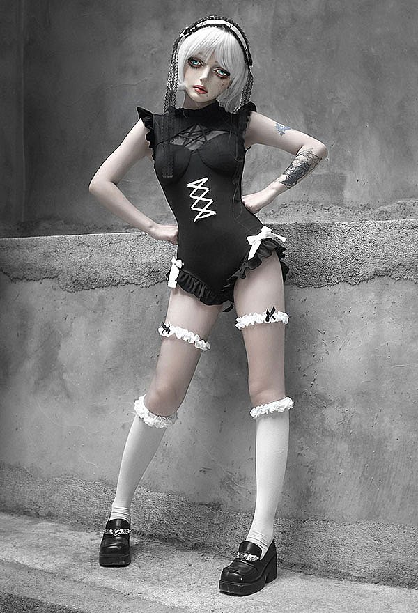 Never Over Gothic Black Hollow Pentagram Neck Bow Knot Ruffled One-Piece Swimsuit