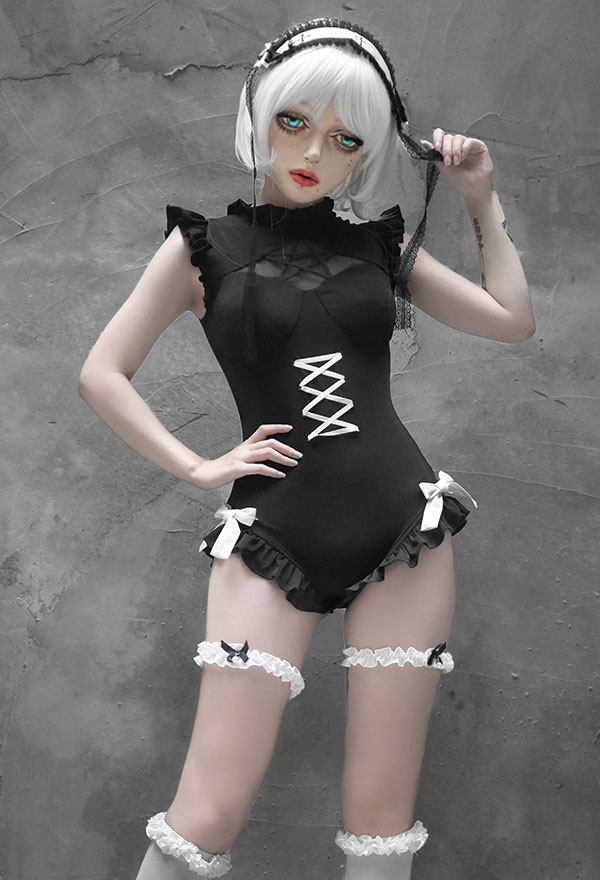 Never Over Gothic Black Hollow Pentagram Neck Bow Knot Ruffled One-Piece Swimsuit