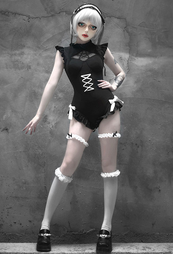 Never Over Gothic Black Hollow Pentagram Neck Bow Knot Ruffled One-Piece Swimsuit