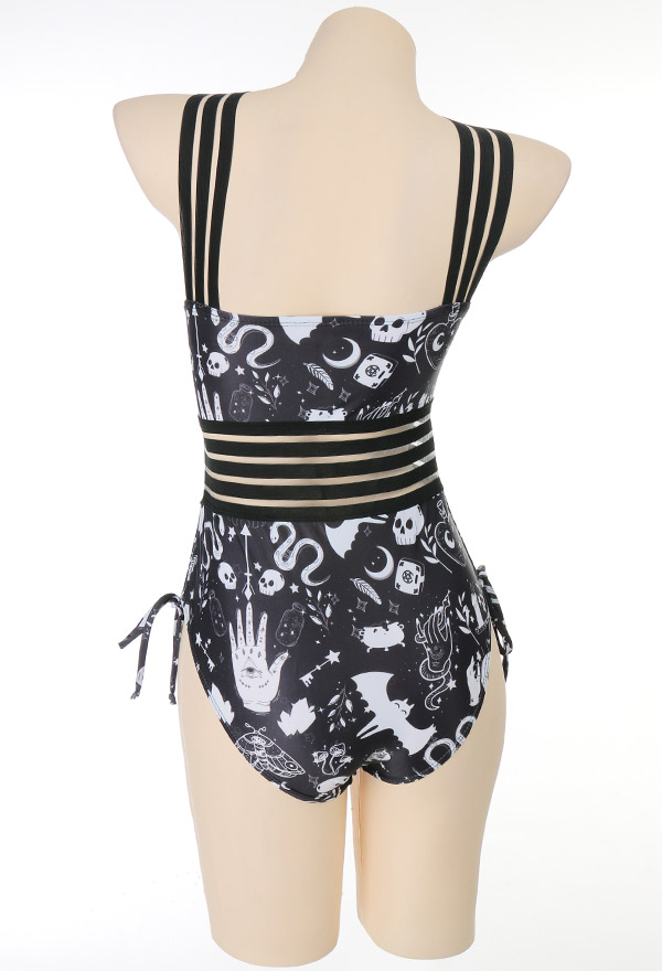 Devil Reign Women Gothic Black Cross Strap Skull Print One-piece Swimsuit
