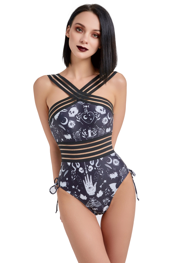 Devil Reign Women Gothic Black Cross Strap Skull Print One-piece Swimsuit