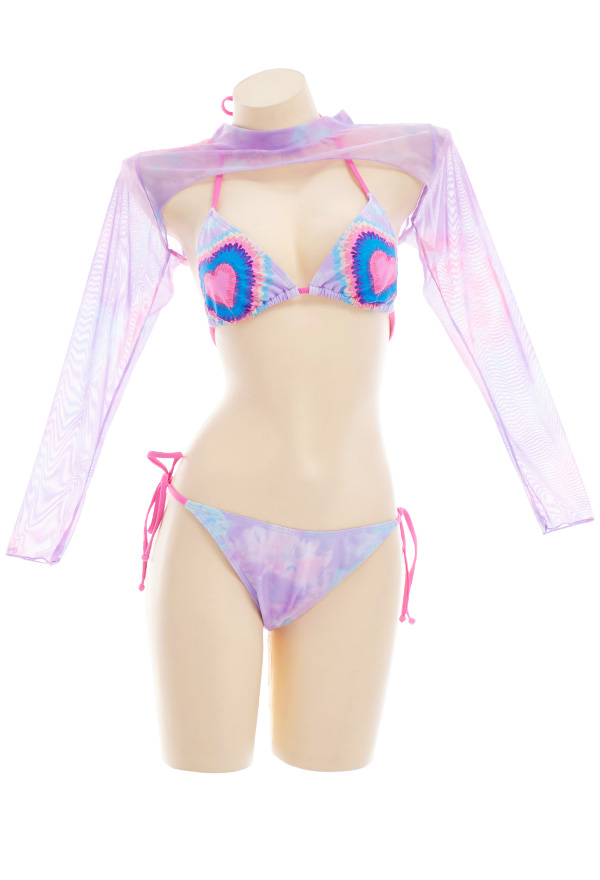 Enchanted Women Pastel Goth Tie-Dye Triangle Top and Lace-Up Bottom Bikini Set with Cover Up Enchanted Women Pastel Goth Tie-Dye Triangle Top and Lace-Up Bottom Bikini Set with Cover Up