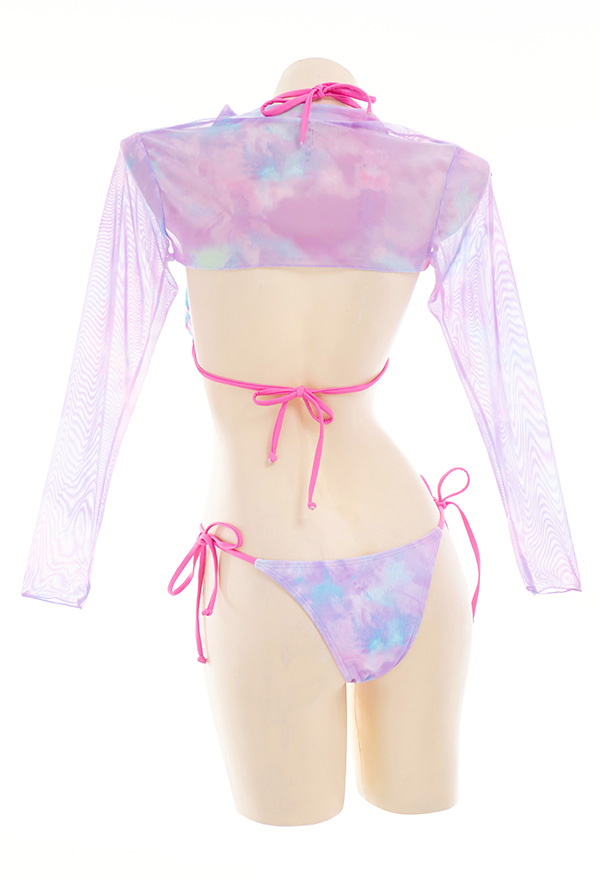 Enchanted Women Pastel Goth Tie-Dye Triangle Top and Lace-Up Bottom Bikini Set with Cover Up Enchanted Women Pastel Goth Tie-Dye Triangle Top and Lace-Up Bottom Bikini Set with Cover Up