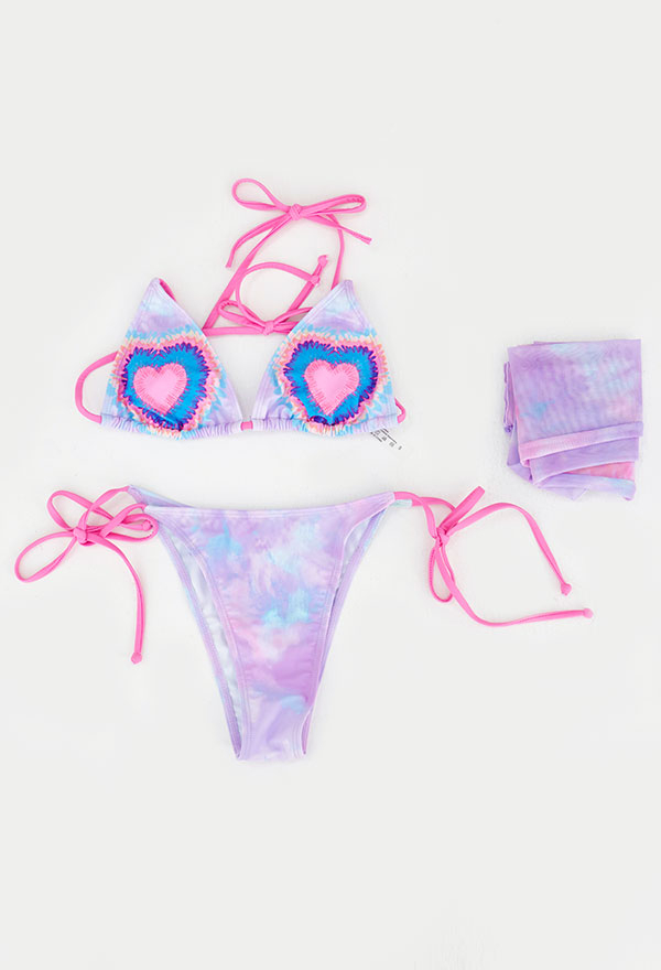 Enchanted Women Pastel Goth Tie-Dye Triangle Top and Lace-Up Bottom Bikini Set with Cover Up Enchanted Women Pastel Goth Tie-Dye Triangle Top and Lace-Up Bottom Bikini Set with Cover Up