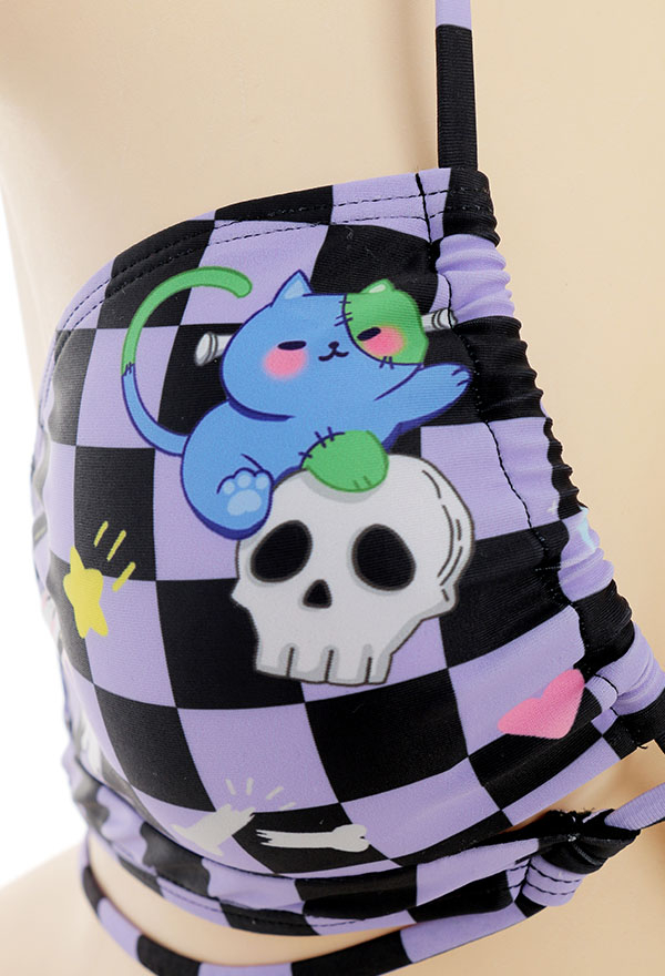 Poisonous Women Black Pastel Plaid Skull Print Halter String Low Waist Bikini Set