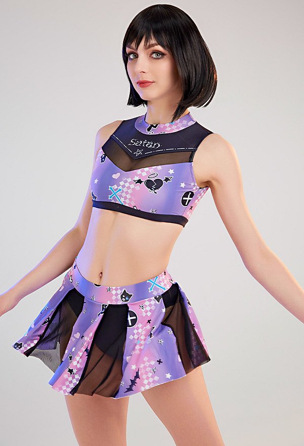 Teamwork Gothic Pastel Cheerleader Style Satan Print Two-Piece Swimsuit