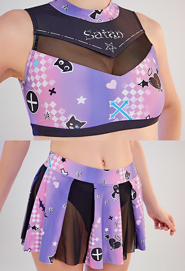 Teamwork Gothic Pastel Cheerleader Style Satan Print Two-Piece Swimsuit