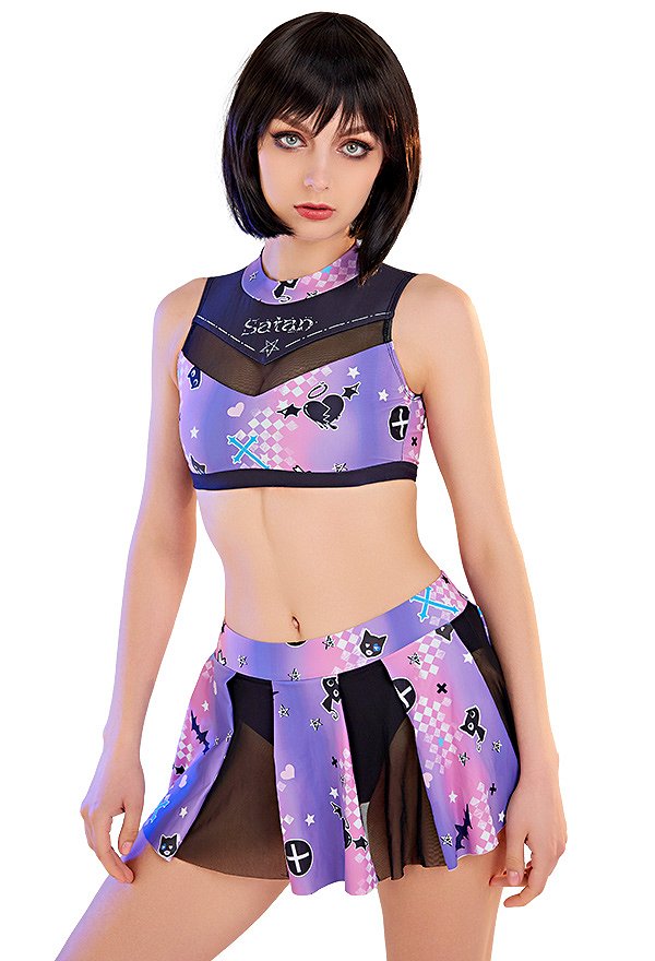 Teamwork Gothic Pastel Cheerleader Style Satan Print Two-Piece Swimsuit