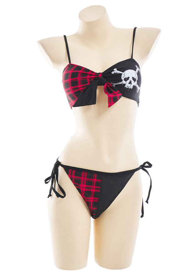 Bloody Moon Punk Gothic Swimsuit Color Contrast Skull Print Lace-up Bikini Set Bloody Moon Punk Gothic Swimsuit Color Contrast Skull Print Lace-up Bikini Set