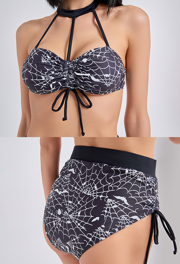 Moonlight Women Gothic Black Bat Spiderweb Print Lace-up Two Piece Swimsuit Moonlight Women Gothic Black Bat Spiderweb Print Lace-up Two Piece Swimsuit