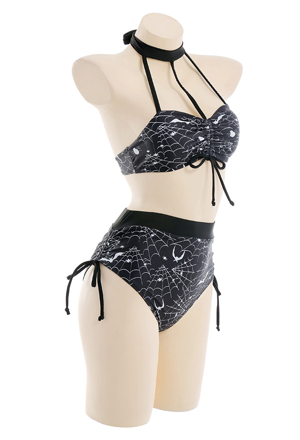 Moonlight Women Gothic Black Bat Spiderweb Print Lace-up Two Piece Swimsuit Moonlight Women Gothic Black Bat Spiderweb Print Lace-up Two Piece Swimsuit