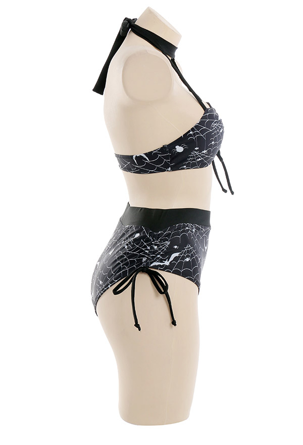 Moonlight Women Gothic Black Bat Spiderweb Print Lace-up Two Piece Swimsuit Moonlight Women Gothic Black Bat Spiderweb Print Lace-up Two Piece Swimsuit
