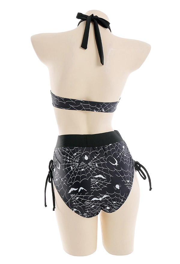 Moonlight Women Gothic Black Bat Spiderweb Print Lace-up Two Piece Swimsuit Moonlight Women Gothic Black Bat Spiderweb Print Lace-up Two Piece Swimsuit