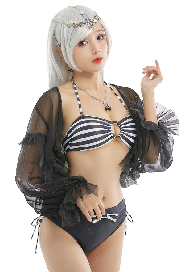 Sugerboo Women Black and White Stripe Halter String Bikini Set with Cover Up Sugerboo Women Black and White Stripe Halter String Bikini Set with Cover Up