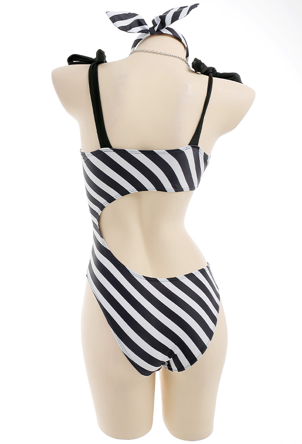 Dive In Gothic Black and White Stripe Cutout One-Piece Bathing Suit with Sarong Skirt Dive In Gothic Black and White Stripe Cutout One-Piece Bathing Suit with Sarong Skirt