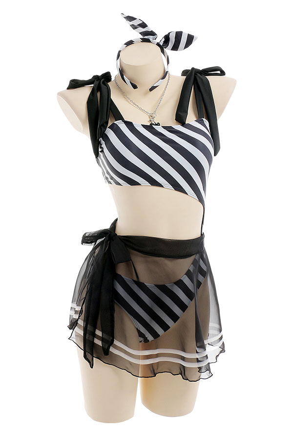 Dive In Gothic Black and White Stripe Cutout One-Piece Bathing Suit with Sarong Skirt Dive In Gothic Black and White Stripe Cutout One-Piece Bathing Suit with Sarong Skirt