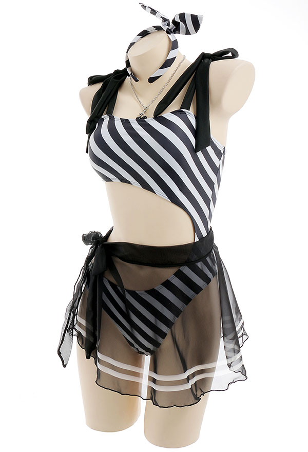 Dive In Gothic Black and White Stripe Cutout One-Piece Bathing Suit with Sarong Skirt Dive In Gothic Black and White Stripe Cutout One-Piece Bathing Suit with Sarong Skirt