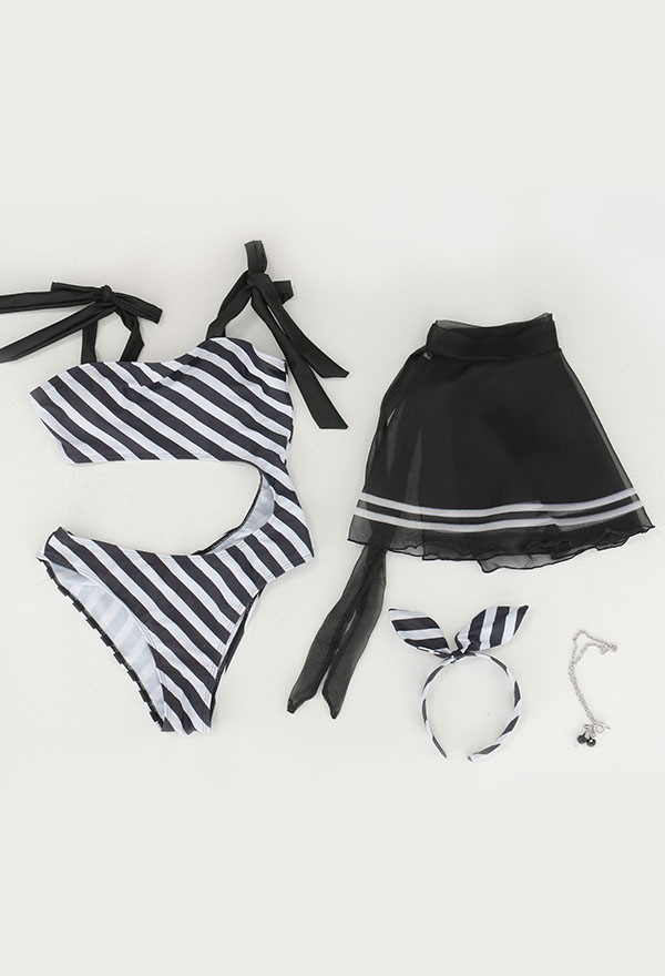 Dive In Gothic Black and White Stripe Cutout One-Piece Bathing Suit with Sarong Skirt Dive In Gothic Black and White Stripe Cutout One-Piece Bathing Suit with Sarong Skirt