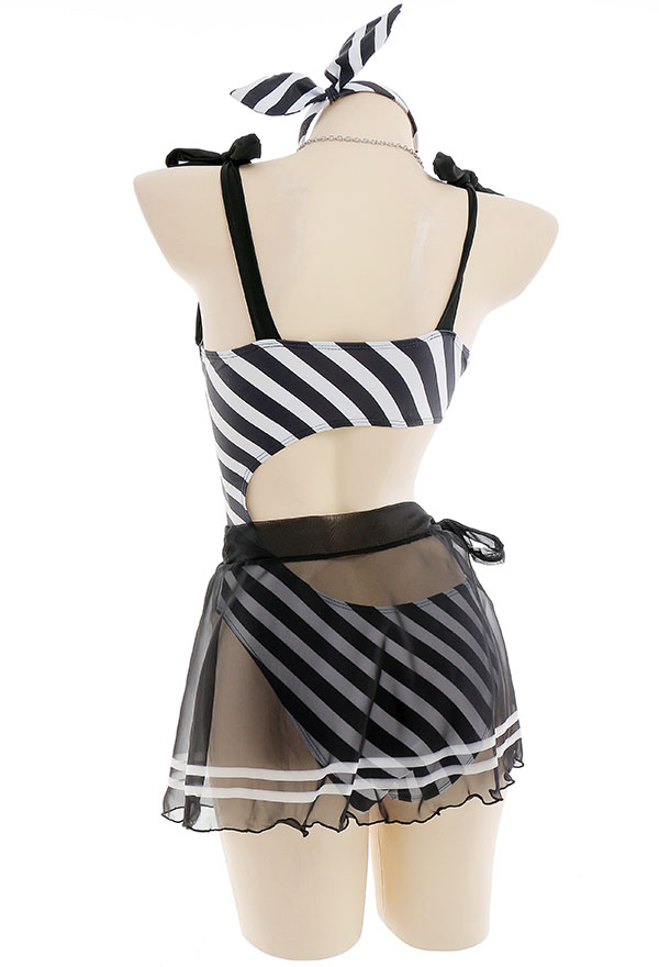 Dive In Gothic Black and White Stripe Cutout One-Piece Bathing Suit with Sarong Skirt Dive In Gothic Black and White Stripe Cutout One-Piece Bathing Suit with Sarong Skirt