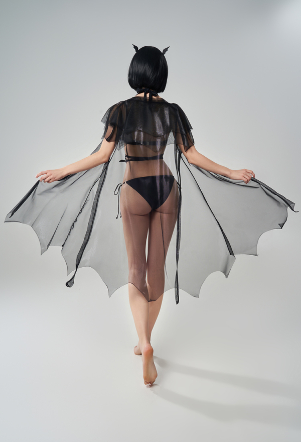 Devil Reign Gothic Black Bat Cross Strap Halter Bikini Set with Cover-up