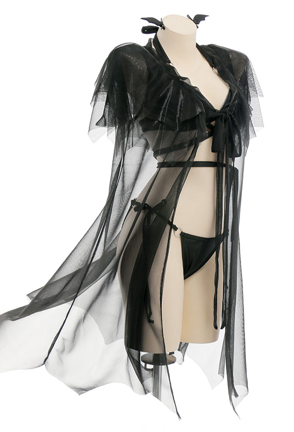Devil Reign Gothic Black Bat Cross Strap Halter Bikini Set with Cover-up
