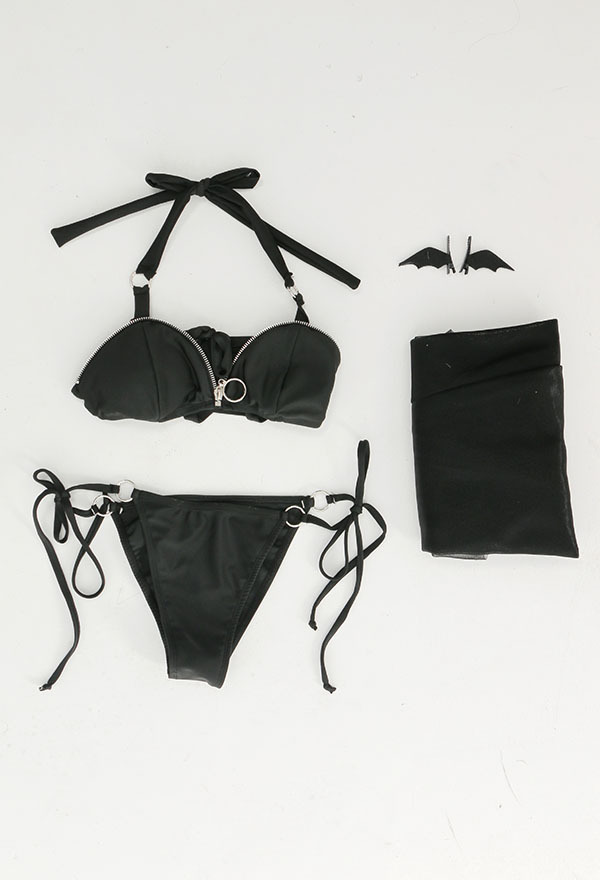 Devil Reign Gothic Black Bat Cross Strap Halter Bikini Set with Cover-up