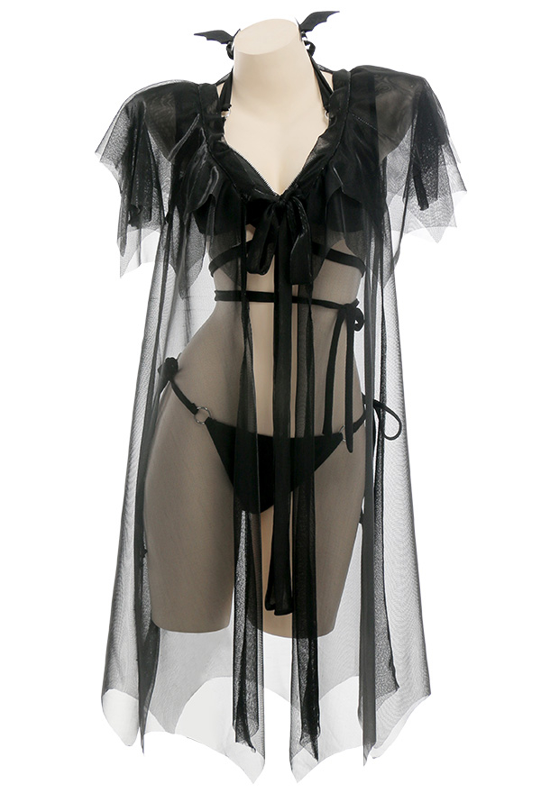Devil Reign Gothic Black Bat Cross Strap Halter Bikini Set with Cover-up