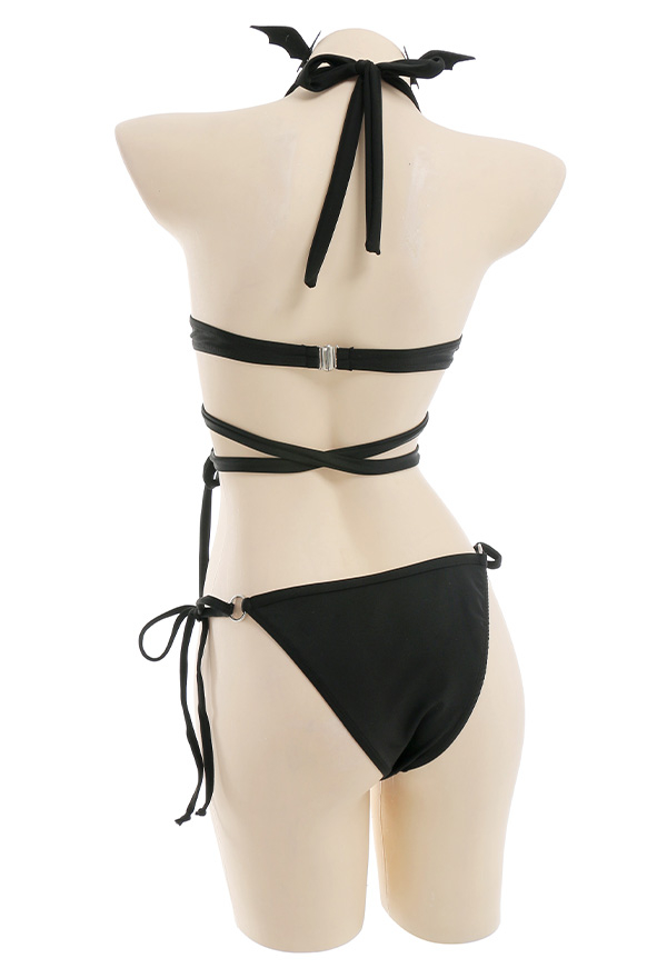 Devil Reign Gothic Black Bat Cross Strap Halter Bikini Set with Cover-up