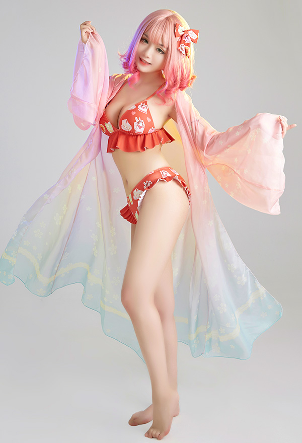 Women Cute Red Sweets Print Ruffles Bikini with Sheer Coverup Women Cute Red Sweets Print Ruffles Bikini with Sheer Coverup