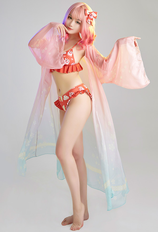 Women Cute Red Sweets Print Ruffles Bikini with Sheer Coverup Women Cute Red Sweets Print Ruffles Bikini with Sheer Coverup