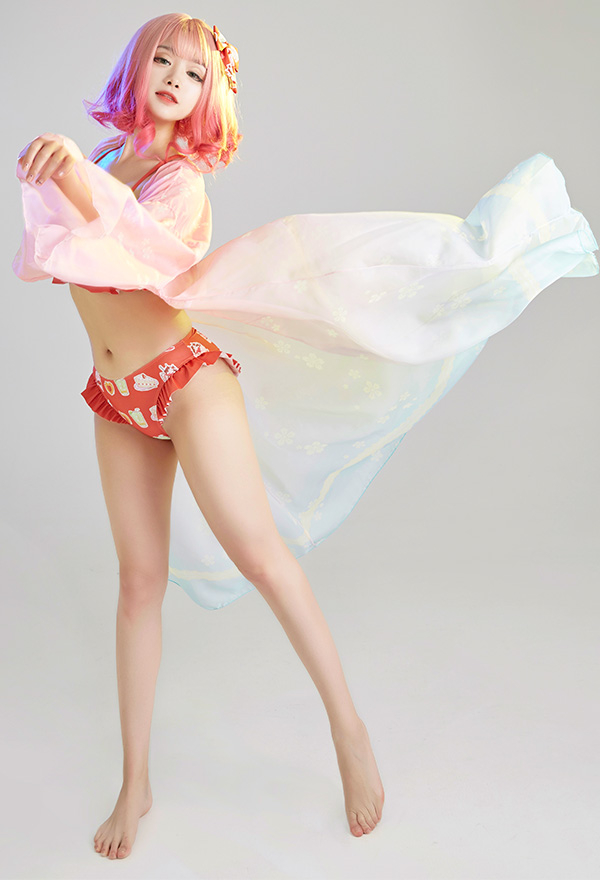 Women Cute Red Sweets Print Ruffles Bikini with Sheer Coverup Women Cute Red Sweets Print Ruffles Bikini with Sheer Coverup