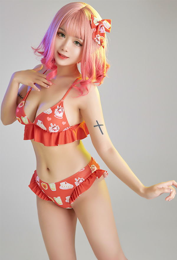 Women Cute Red Sweets Print Ruffles Bikini with Sheer Coverup Women Cute Red Sweets Print Ruffles Bikini with Sheer Coverup