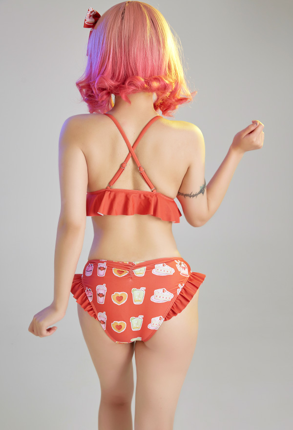 Women Cute Red Sweets Print Ruffles Bikini with Sheer Coverup Women Cute Red Sweets Print Ruffles Bikini with Sheer Coverup