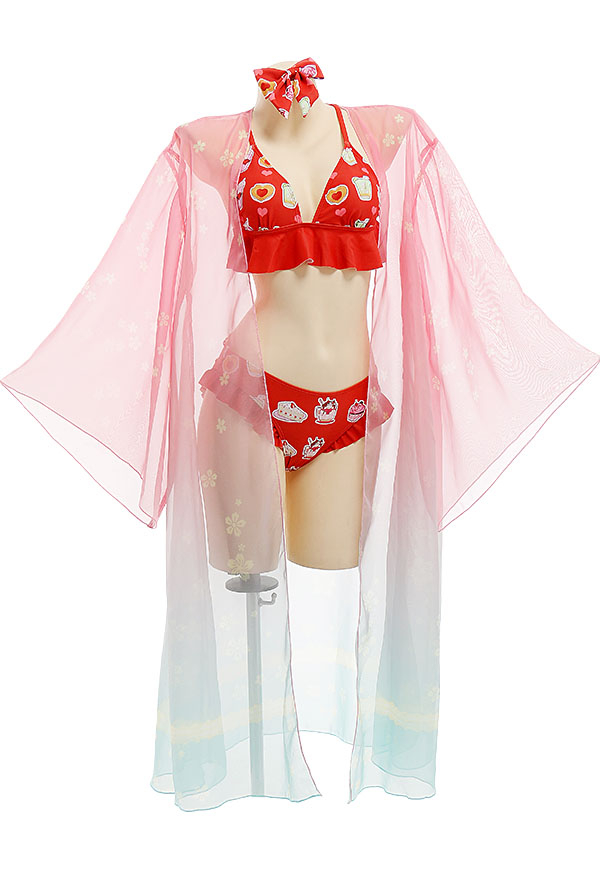 Women Cute Red Sweets Print Ruffles Bikini with Sheer Coverup Women Cute Red Sweets Print Ruffles Bikini with Sheer Coverup