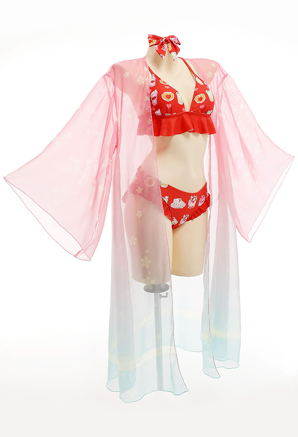 Women Cute Red Sweets Print Ruffles Bikini with Sheer Coverup Women Cute Red Sweets Print Ruffles Bikini with Sheer Coverup