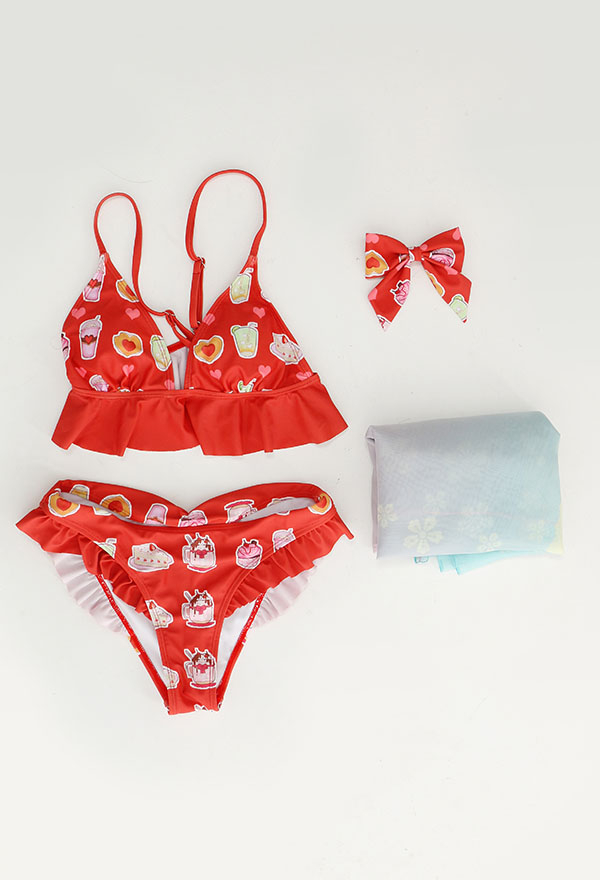 Women Cute Red Sweets Print Ruffles Bikini with Sheer Coverup Women Cute Red Sweets Print Ruffles Bikini with Sheer Coverup