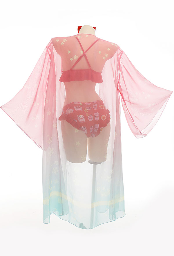 Women Cute Red Sweets Print Ruffles Bikini with Sheer Coverup Women Cute Red Sweets Print Ruffles Bikini with Sheer Coverup