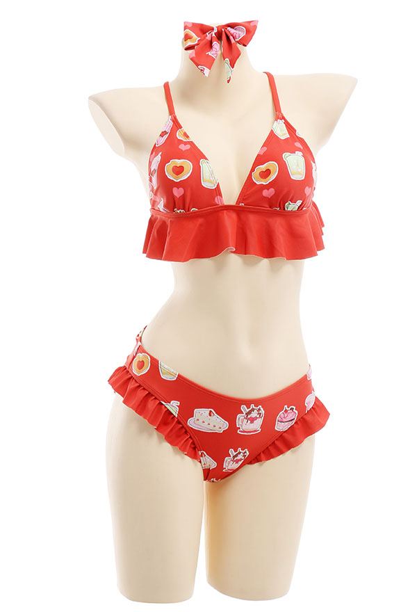 Women Cute Red Sweets Print Ruffles Bikini with Sheer Coverup Women Cute Red Sweets Print Ruffles Bikini with Sheer Coverup