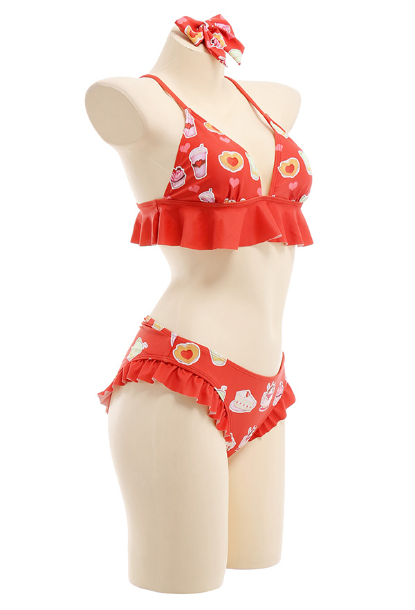 Women Cute Red Sweets Print Ruffles Bikini with Sheer Coverup Women Cute Red Sweets Print Ruffles Bikini with Sheer Coverup