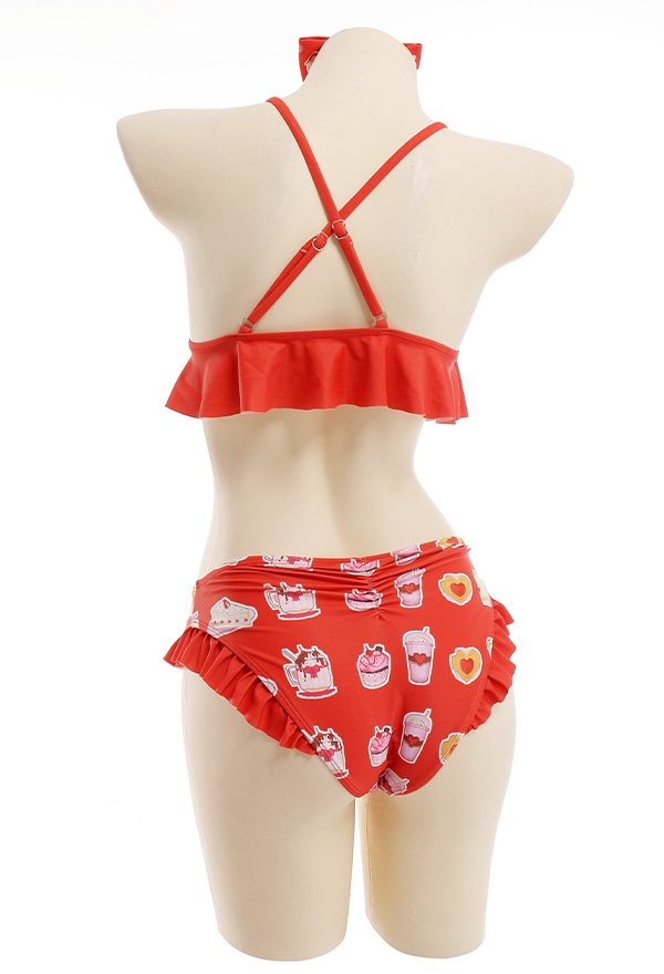 Women Cute Red Sweets Print Ruffles Bikini with Sheer Coverup Women Cute Red Sweets Print Ruffles Bikini with Sheer Coverup