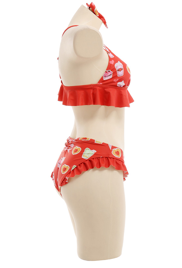 Women Cute Red Sweets Print Ruffles Bikini with Sheer Coverup Women Cute Red Sweets Print Ruffles Bikini with Sheer Coverup