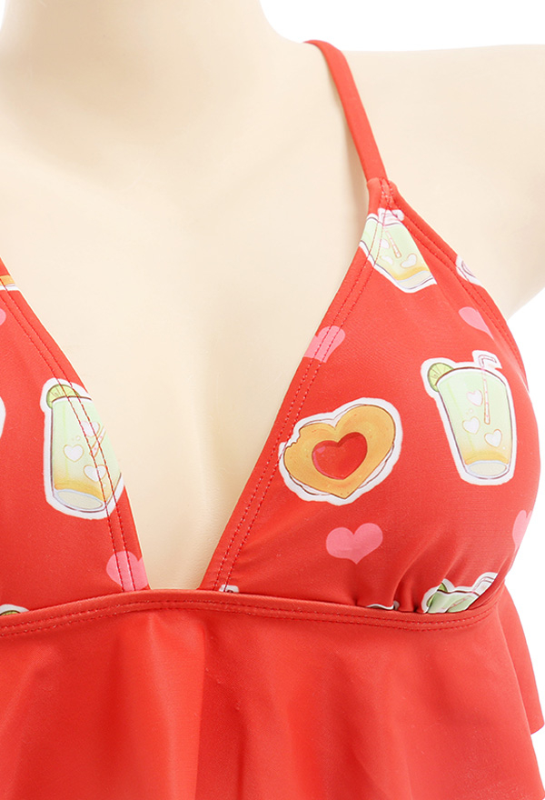 Women Cute Red Sweets Print Ruffles Bikini with Sheer Coverup Women Cute Red Sweets Print Ruffles Bikini with Sheer Coverup