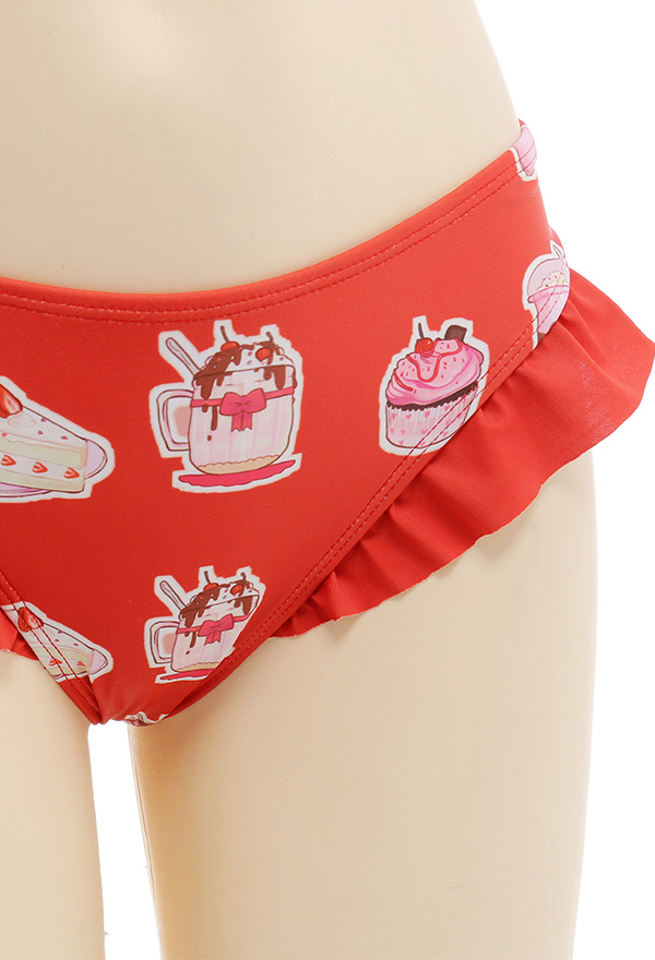 Women Cute Red Sweets Print Ruffles Bikini with Sheer Coverup Women Cute Red Sweets Print Ruffles Bikini with Sheer Coverup