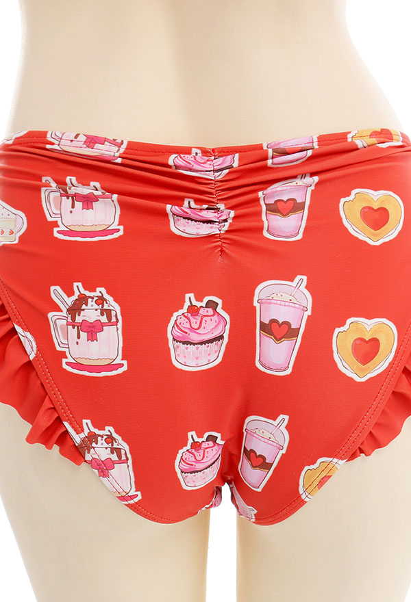 Women Cute Red Sweets Print Ruffles Bikini with Sheer Coverup Women Cute Red Sweets Print Ruffles Bikini with Sheer Coverup