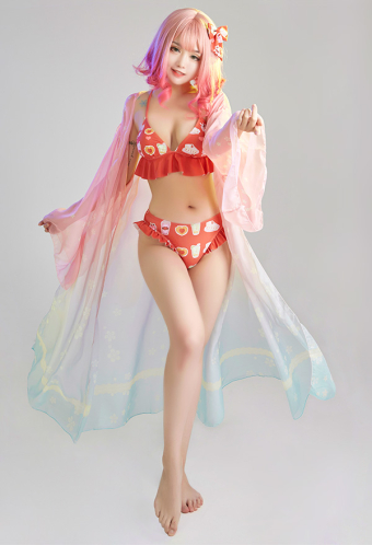 Women Cute Red Sweets Print Ruffles Bikini with Sheer Coverup