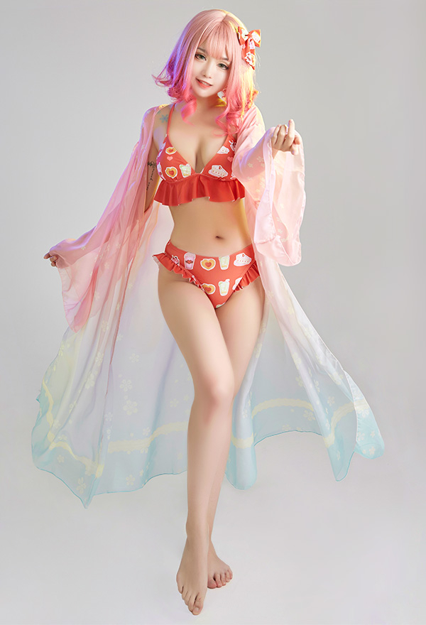 Women Cute Red Sweets Print Ruffles Bikini with Sheer Coverup Women Cute Red Sweets Print Ruffles Bikini with Sheer Coverup
