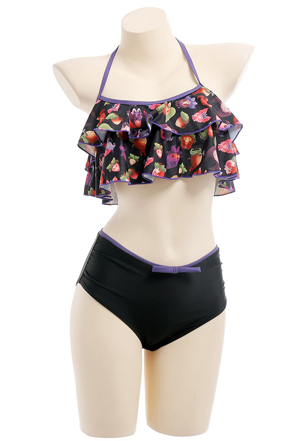 Bite U Gothic Pastel Devil Strawberry Print Halter High Waist Two-piece Swimsuit Bite U Gothic Pastel Devil Strawberry Print Halter High Waist Two-piece Swimsuit